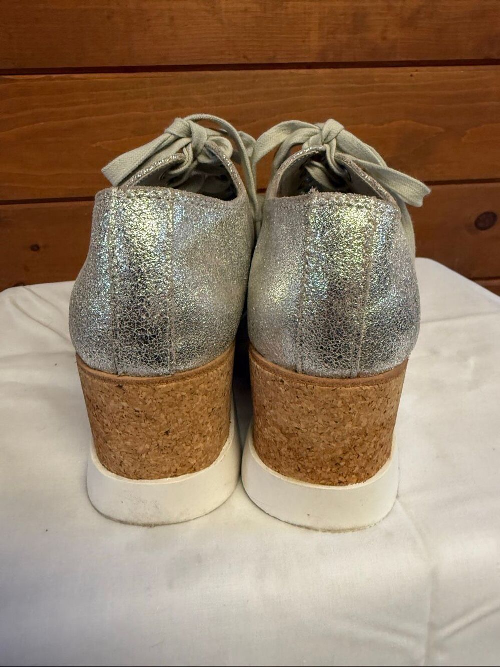 Steve Madden Korrie silver wedge shoes metallic finish cork platform Sz 8 - Picture 3 of 8
